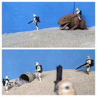 Stormtroopers mill about in front of the half- buried lifepod that brought Artoo and Threepio to Tatooine. #starwars #anhwt #starwarstoycrew #jbscrew #blackdeathcrew #starwarstoypix #toyshelf
